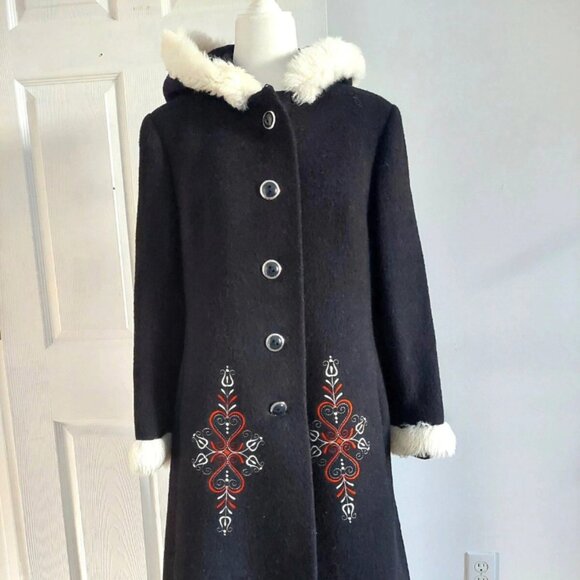 Vtg Wolfstaedter 1960's Black Faux Fur Trim Swing Coat L Wool Lined MCM - Picture 1 of 9